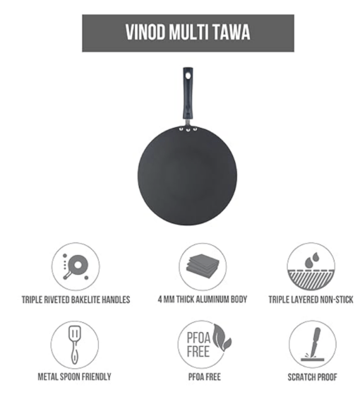 Vinod Zest Aluminium Non Stick Flat Multi Tawa - 32.5 cm | Triple Layer Ceramic Coating | 4mm Extra Thick Roti Tawa | Bakelite Handle | Gas and Induction base | 1 Year Warranty - Image 2